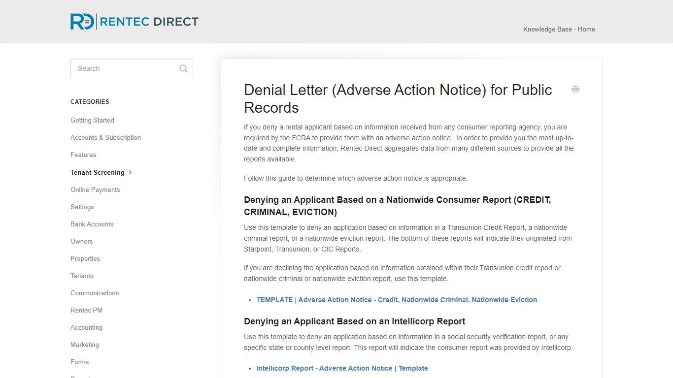 Denial Letter (Adverse Action Notice) For Public Records (Legacy)